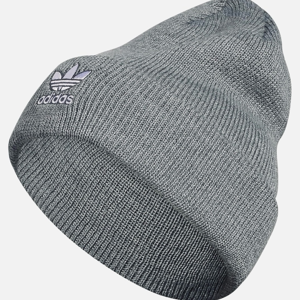Adidas Gray Knit Unisex Beanie With White Embroidered Trefoil Logo